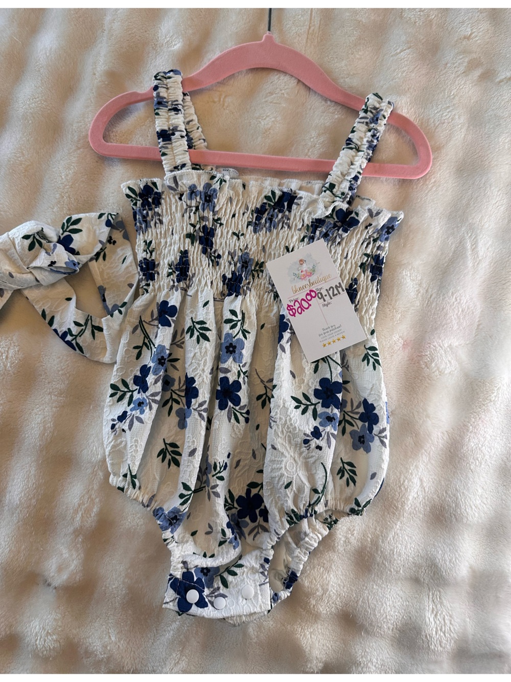 White Floral Smocked Romper with Blue Flowers 9-12 Month Babygirl Clothes